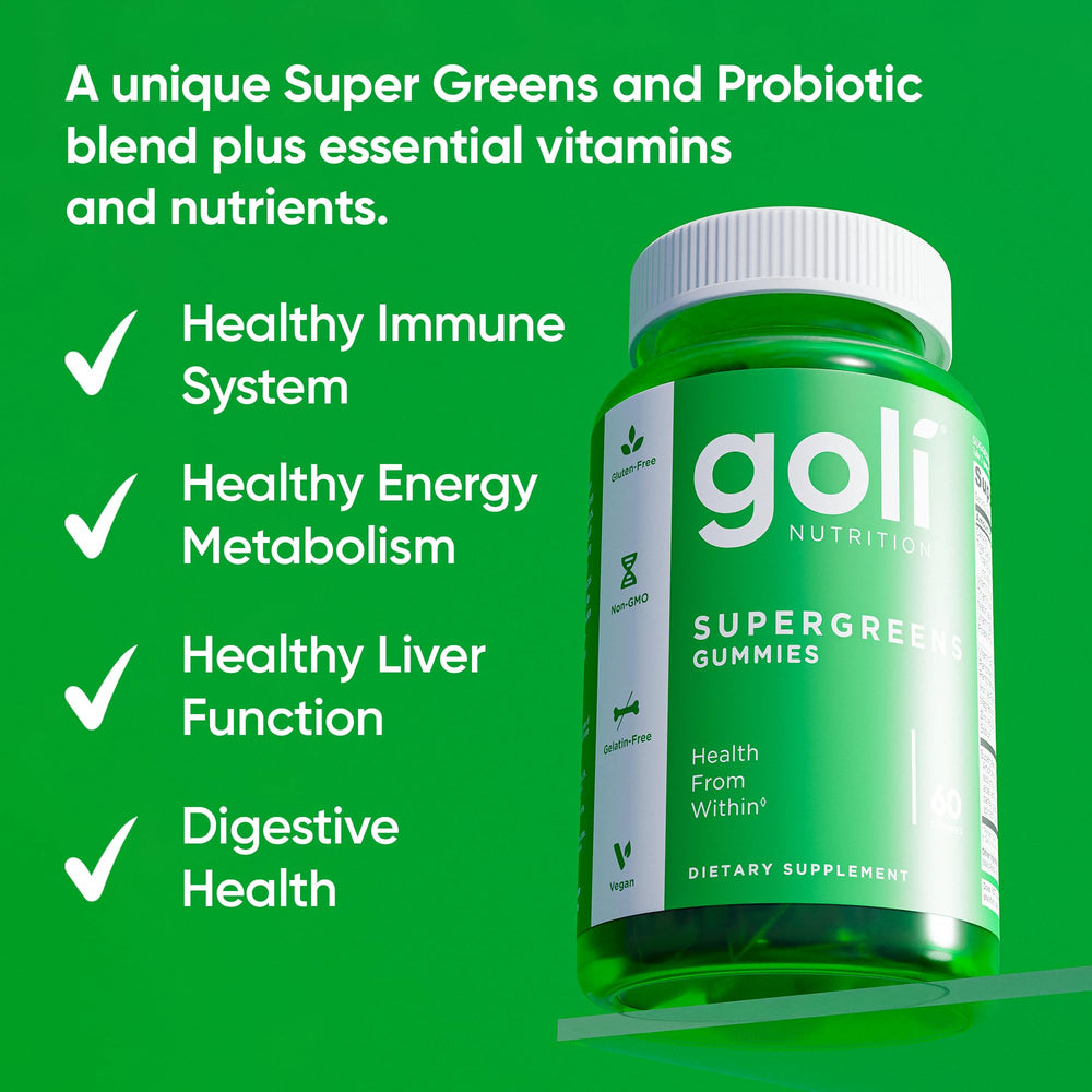 Goli Supergreens gummies close-up: tasty daily vitamins for energy.