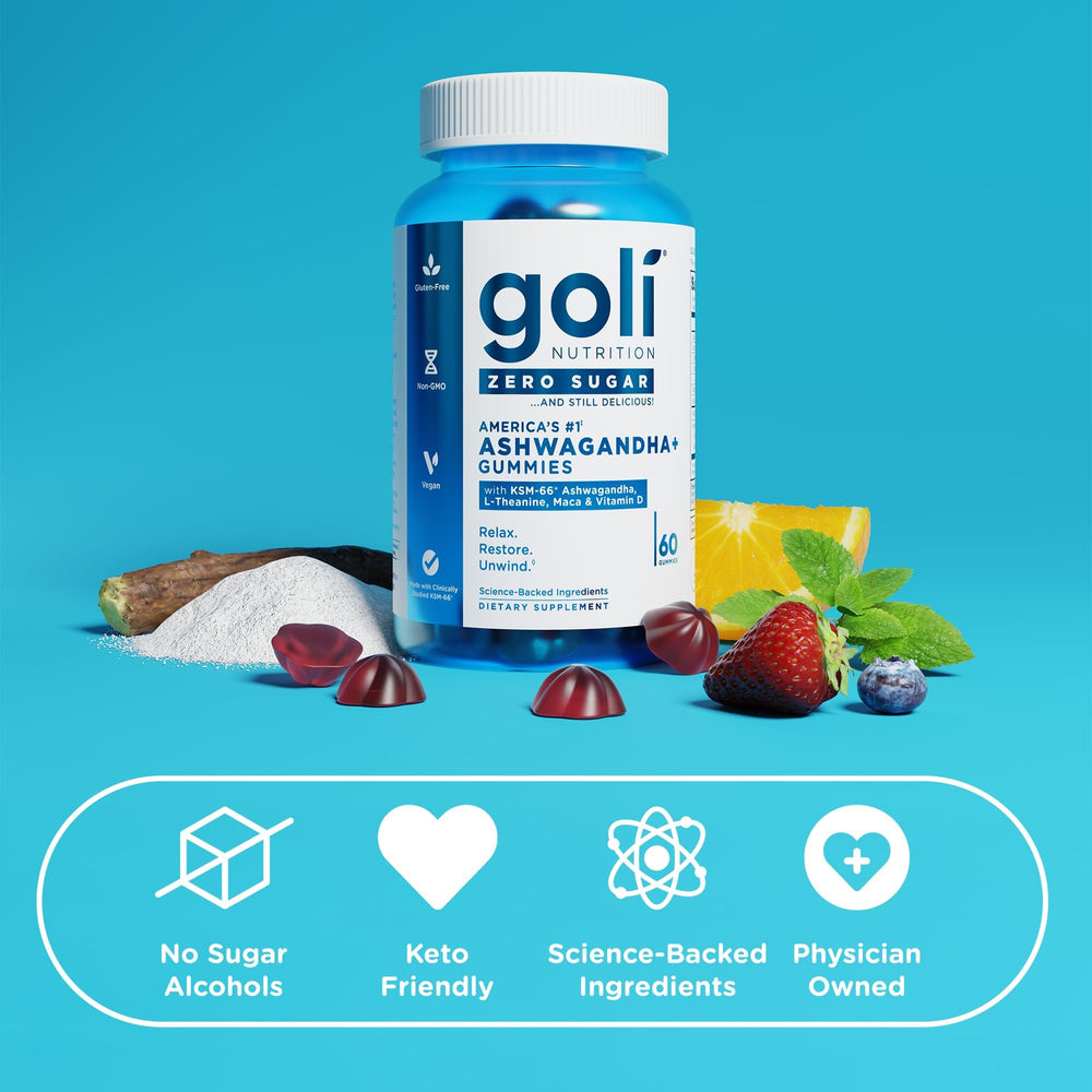 Goli vegan, non-GMO, gluten-free and gelatin-free badge on product label.