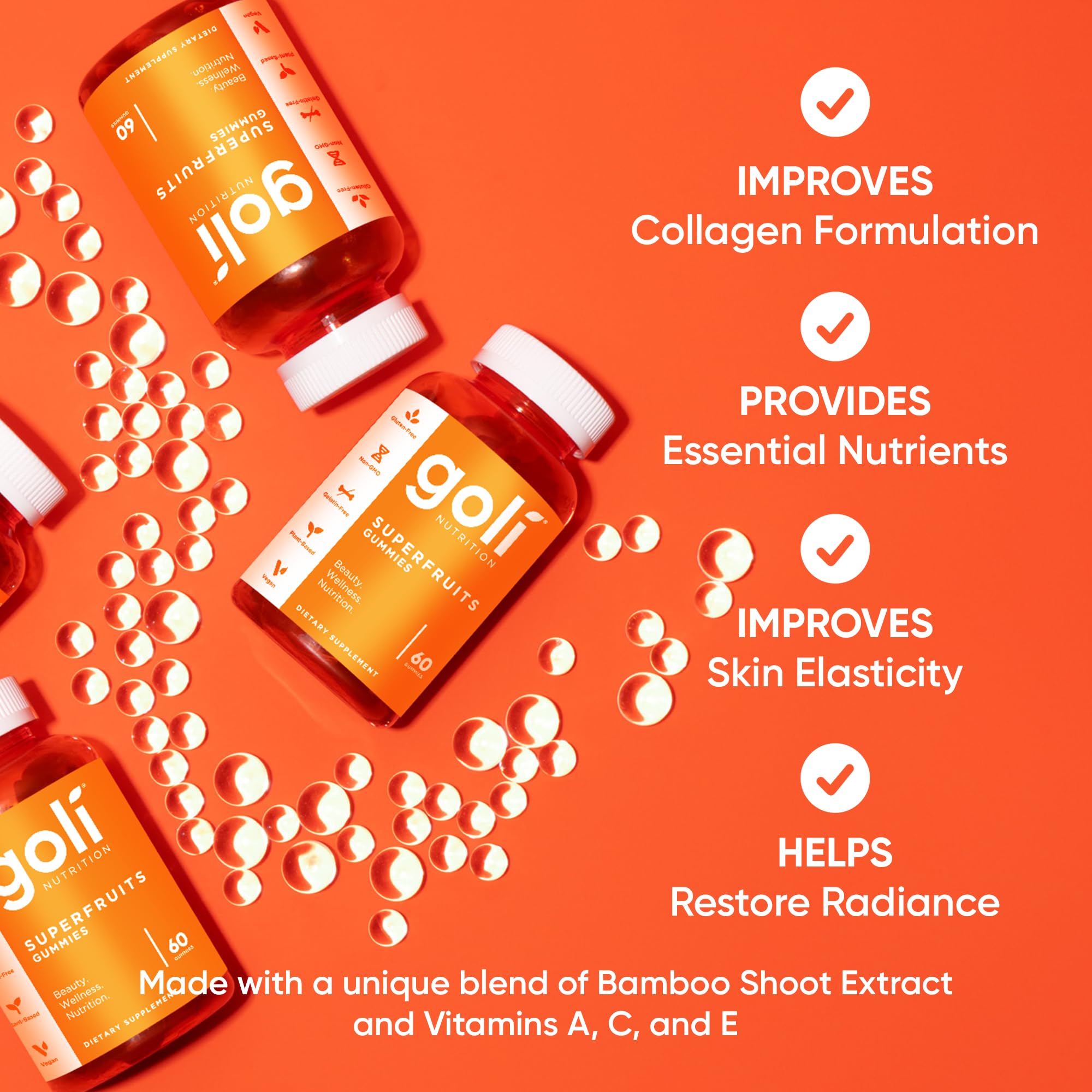 Goli vegan, non-GMO label highlights plant-based wellness.