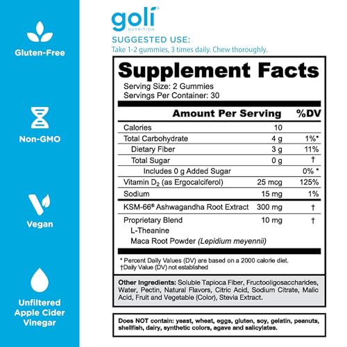 Goli formula featuring Vitamin D, Maca, and L-Theanine for balance.