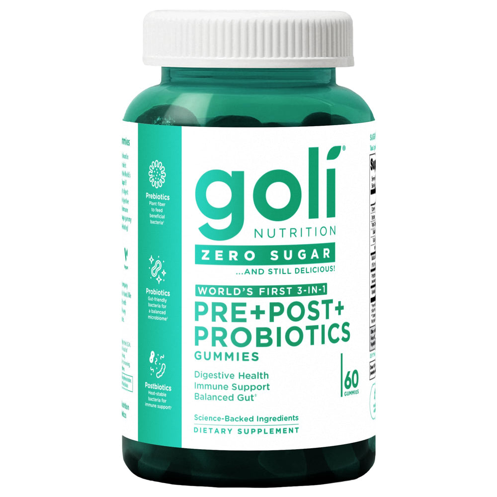 Goli Zero Sugar Pre/Post/Probiotic Gummies bottle pour showing gluten-free vegan formula.