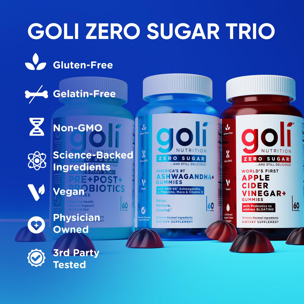 Goli Zero Sugar Trio ingredients panel highlights prebiotic, probiotic, and postbiotic blend.