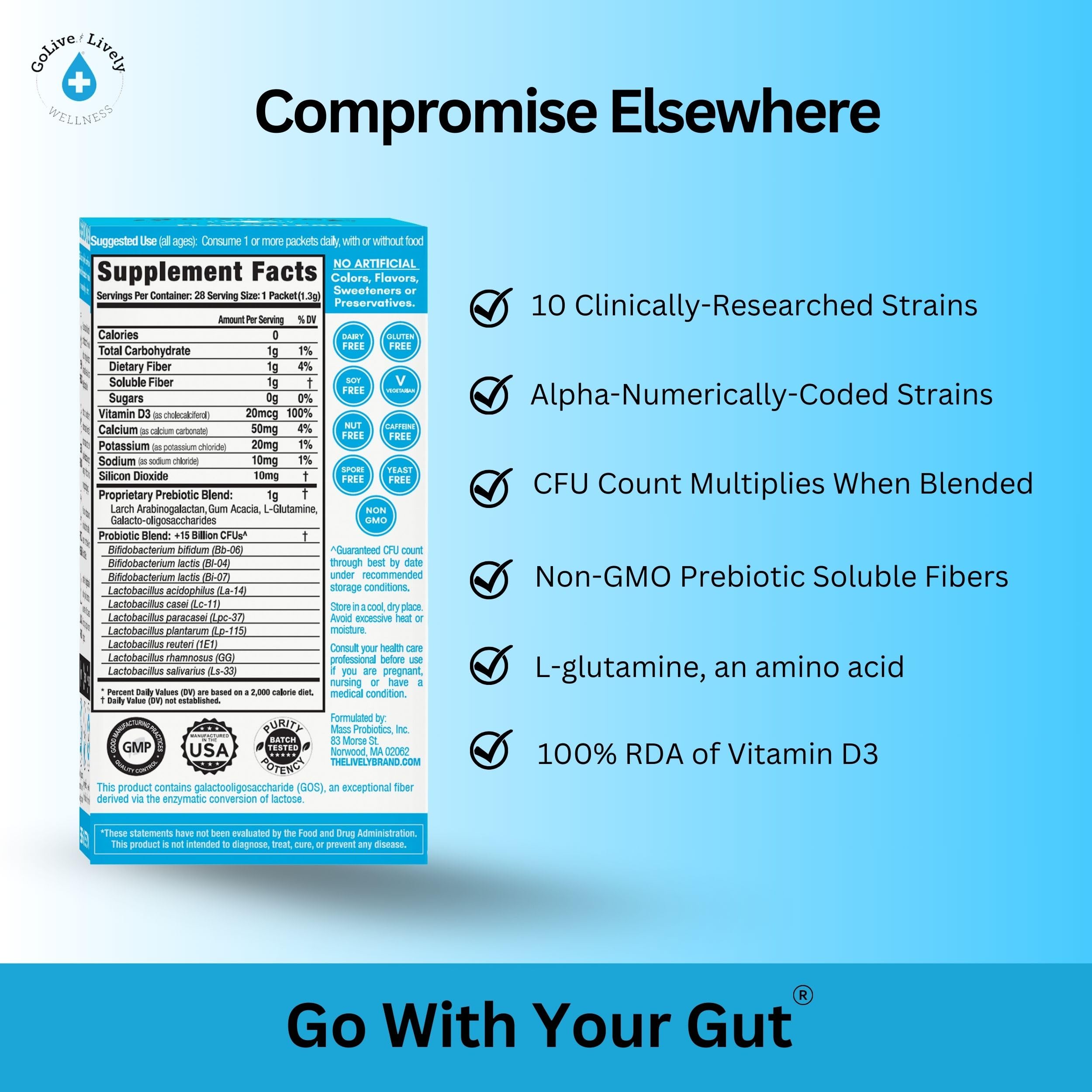 GoLive flavorless sachets ready to dissolve in water or food.