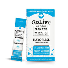 GoLive prebiotic and probiotic powder jar shown for daily gut health support.