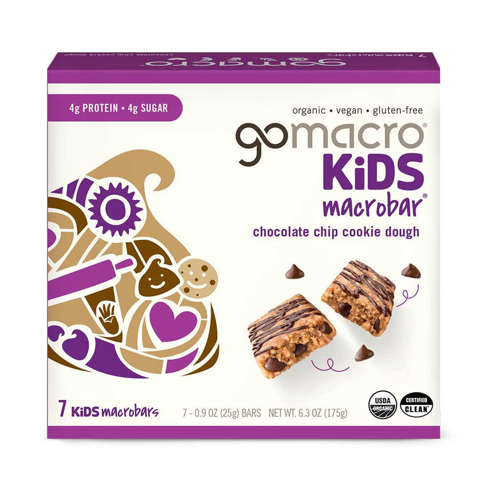 GoMacro Kids Chocolate Chip Cookie Dough bars in a box, convenient school snack.