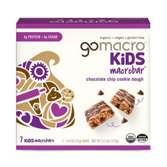 GoMacro Kids Chocolate Chip Cookie Dough bars in a box, convenient school snack.
