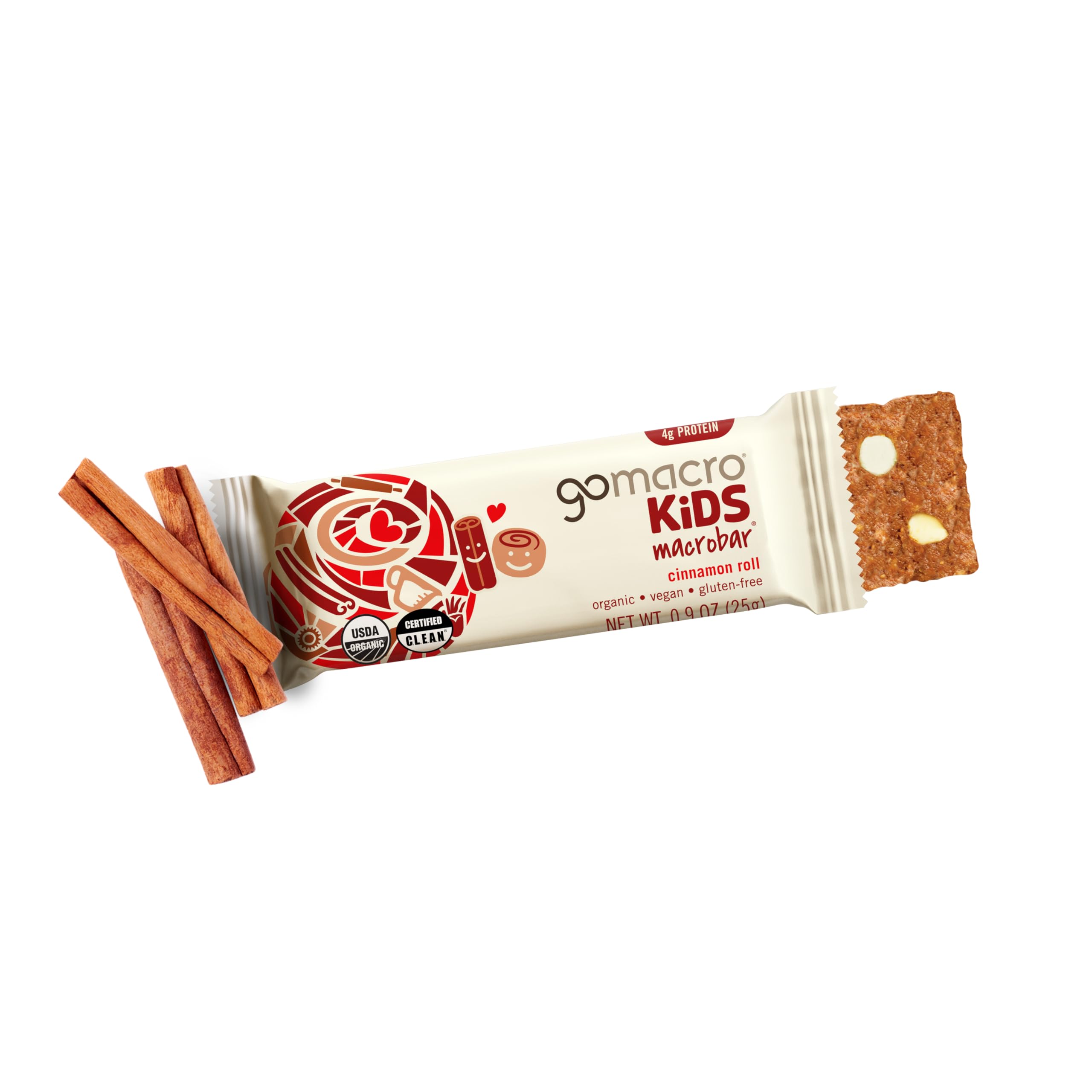 GoMacro Kids Cinnamon Roll ingredients highlight plant-based protein and allergen-friendly options.