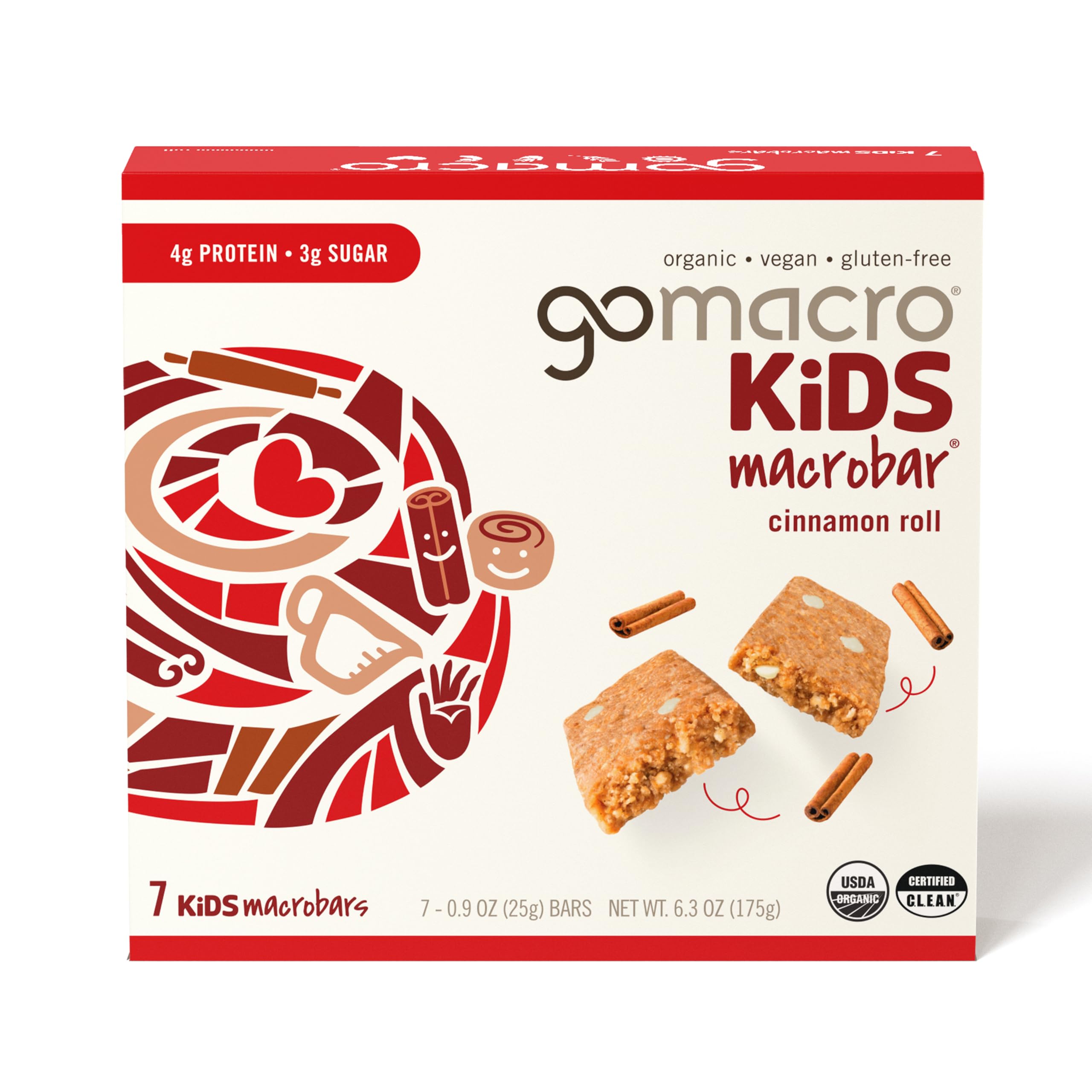 GoMacro Kids Cinnamon Roll MacroBar packaging showcases organic ingredients and kid-friendly convenience.