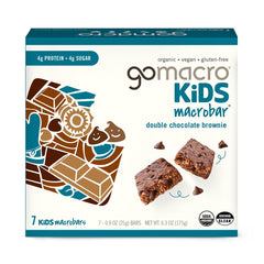 GoMacro Kids Double Chocolate Brownie bar box front, a protein-packed plant-based kid snack
