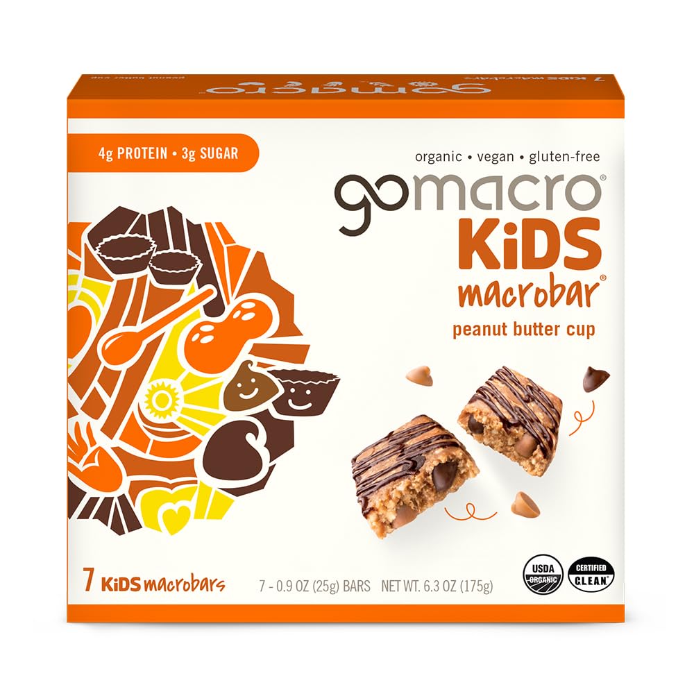 GoMacro Kids MacroBar Peanut Butter Cup box—organic vegan snack for lunchboxes.