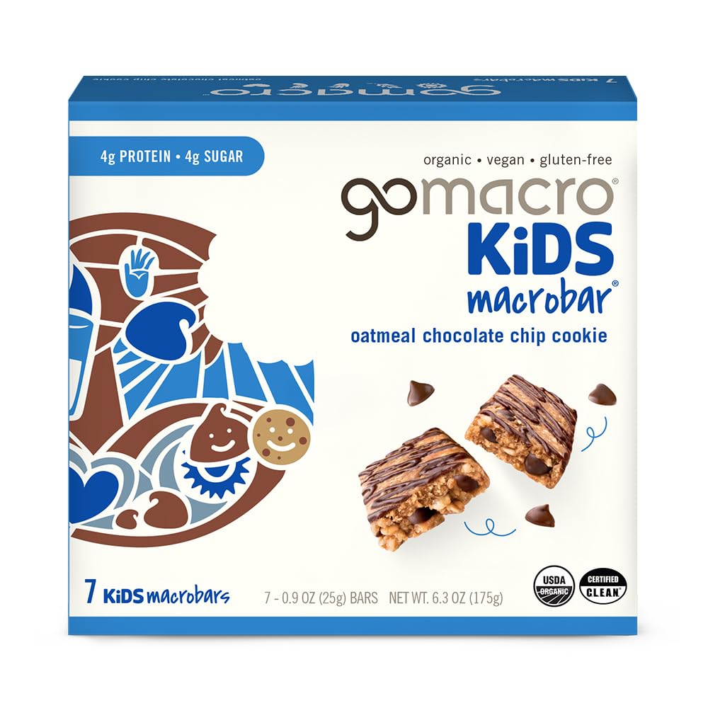 GoMacro Kids Oatmeal Chocolate Chip Bar packaging highlights on-the-go snack convenience.