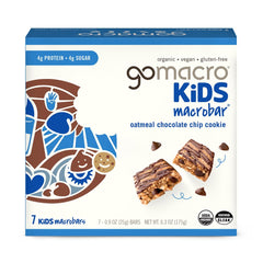 GoMacro Kids Oatmeal Chocolate Chip Bar packaging highlights on-the-go snack convenience.