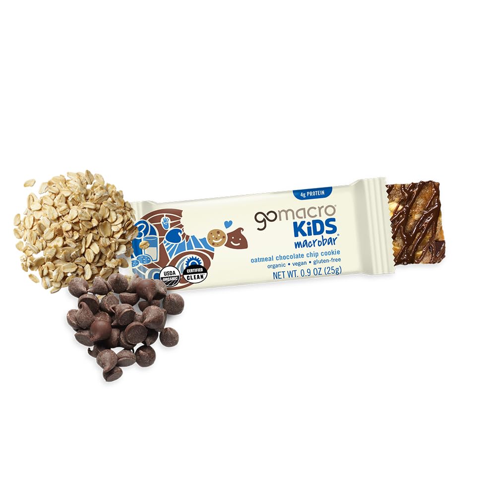 GoMacro Kids Oatmeal Chocolate Chip Bar tear-open view reveals chewy texture.