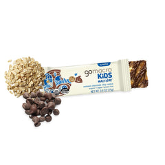 GoMacro Kids Oatmeal Chocolate Chip Bar tear-open view reveals chewy texture.