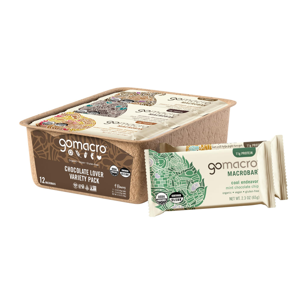 GoMacro MacroBar Chocolate Lover Variety Pack front view for convenient on-the-go energy