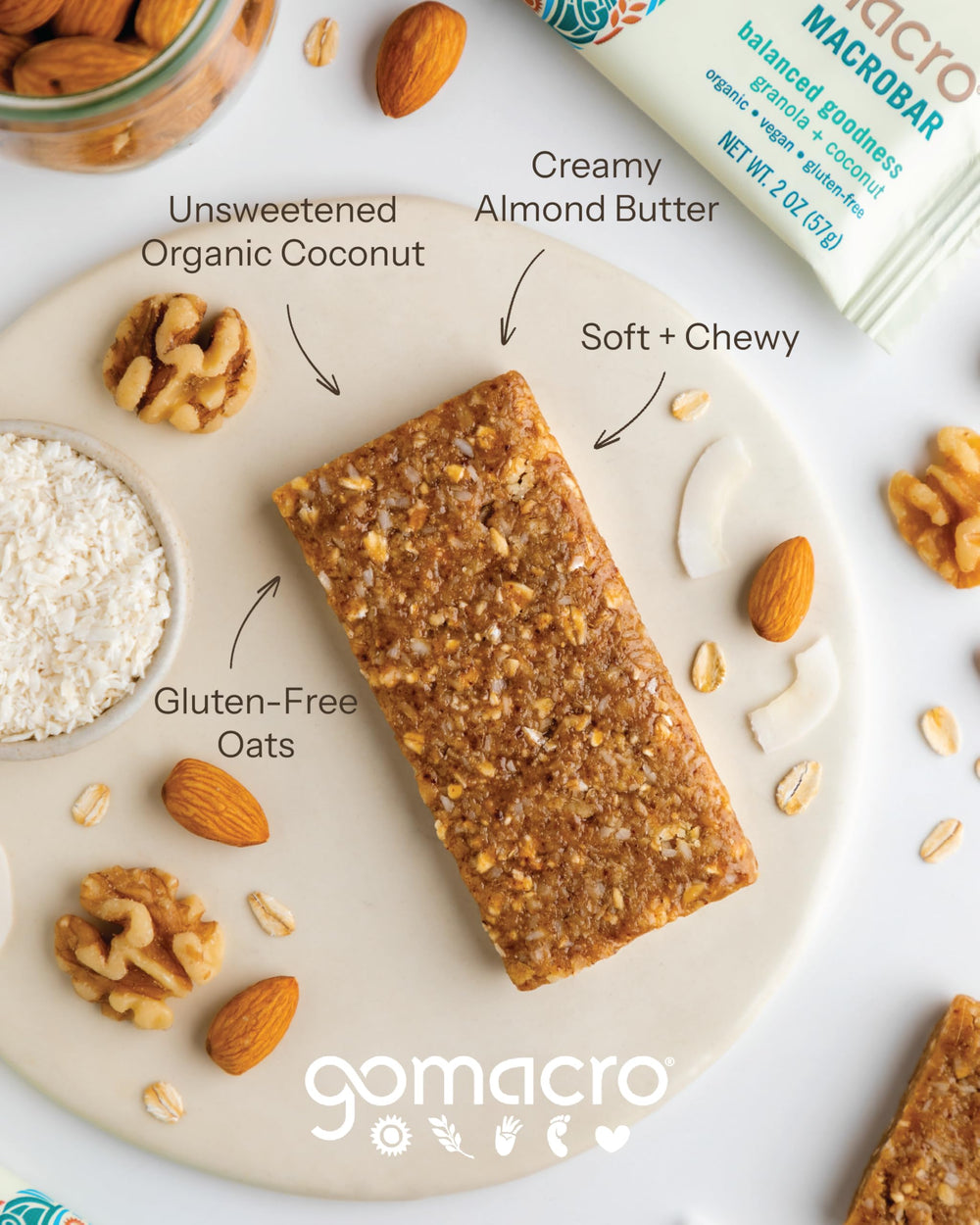 GoMacro MacroBar Granola + Coconut eco-packaging highlights sustainability and eco-friendly packaging.