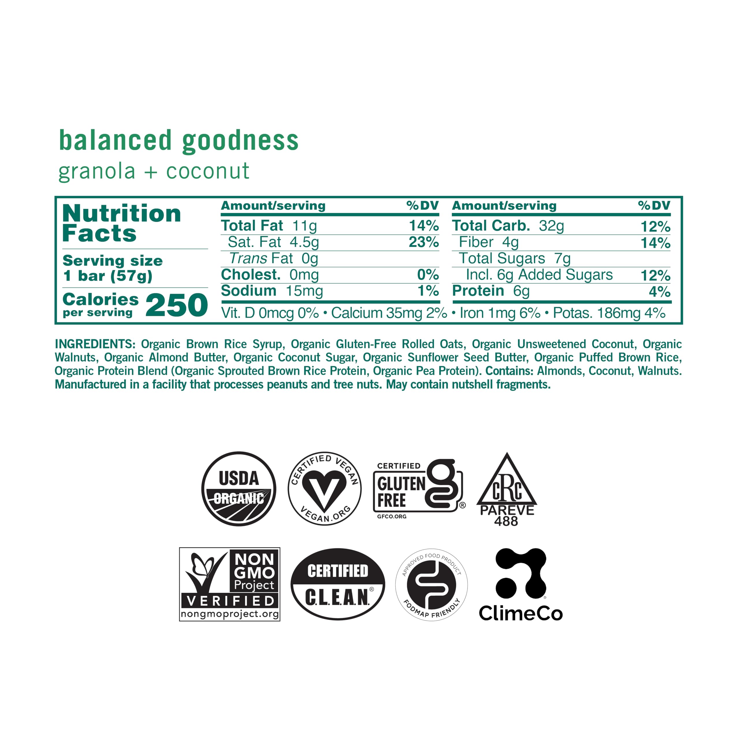 GoMacro MacroBar Granola + Coconut ingredients closeup shows walnuts and coconut for a protein-rich plant snack.
