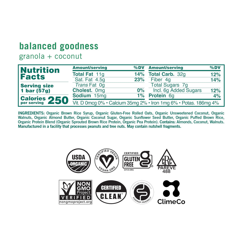 GoMacro MacroBar Granola + Coconut ingredients closeup shows walnuts and coconut for a protein-rich plant snack.