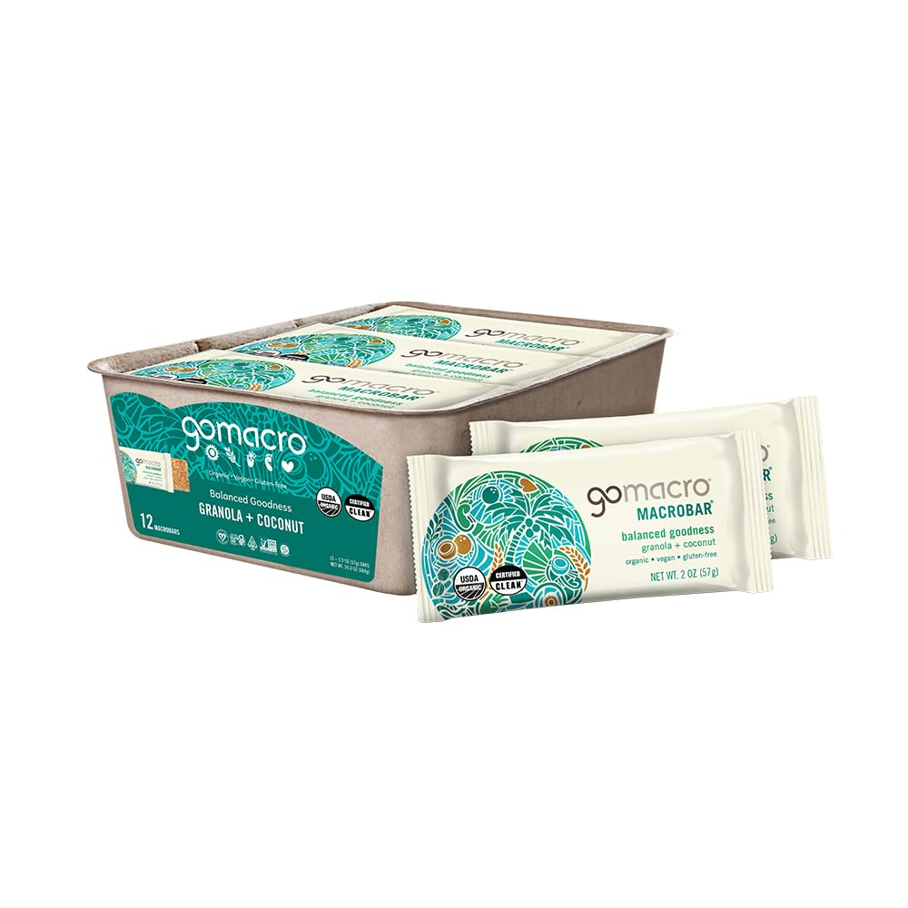 GoMacro MacroBar Granola + Coconut packshot highlights organic, vegan convenience for busy days.