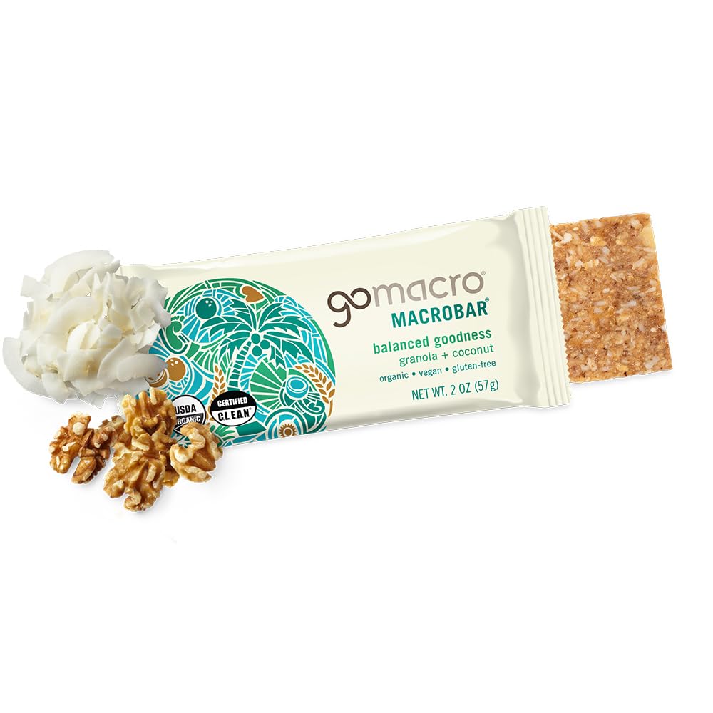 GoMacro MacroBar Granola + Coconut texture close-up emphasizes chewy, satisfying bite.
