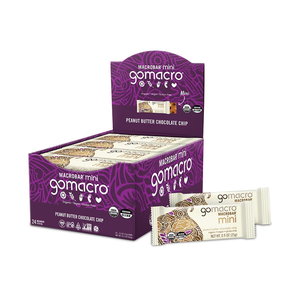 GoMacro MacroBar Mini Peanut Butter Chocolate Chip front package, organic vegan snack.