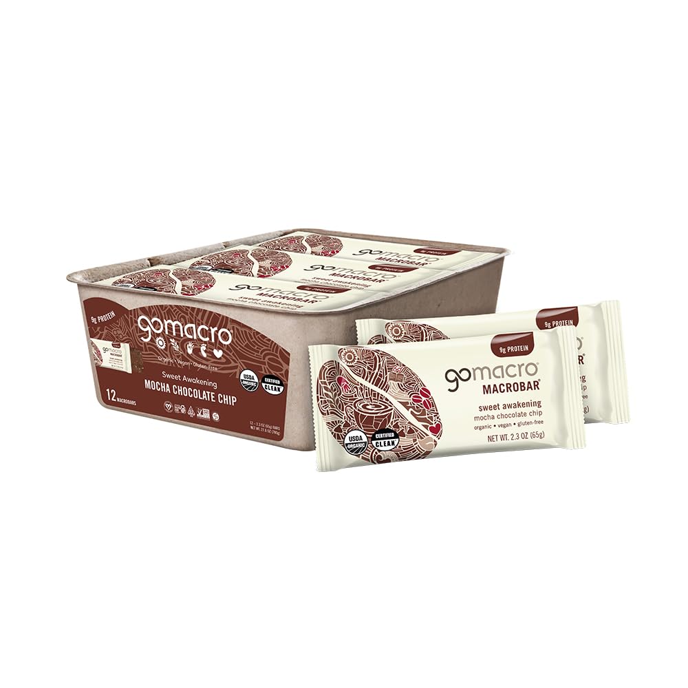 GoMacro MacroBar Mocha Chocolate Chip unwrap close-up showing a caffeinated vegan protein bite.