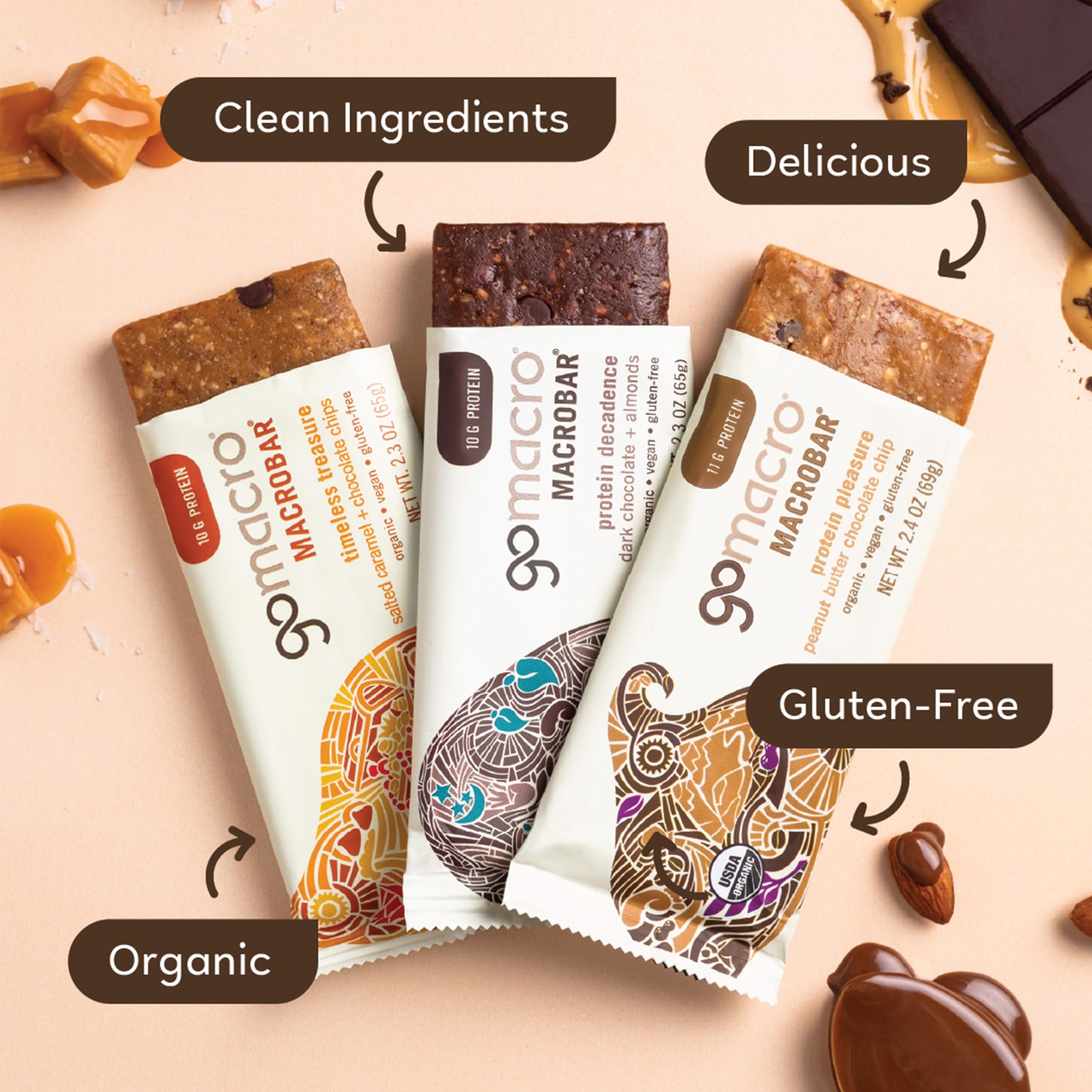 GoMacro MacroBar Peanut Butter Chocolate Chip close-up, satisfying plant-based protein boosts busy days