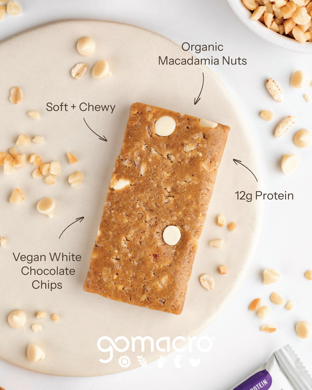 GoMacro MacroBar White Chocolate Macadamia Nuts on-the-go snack showcases plant-based protein