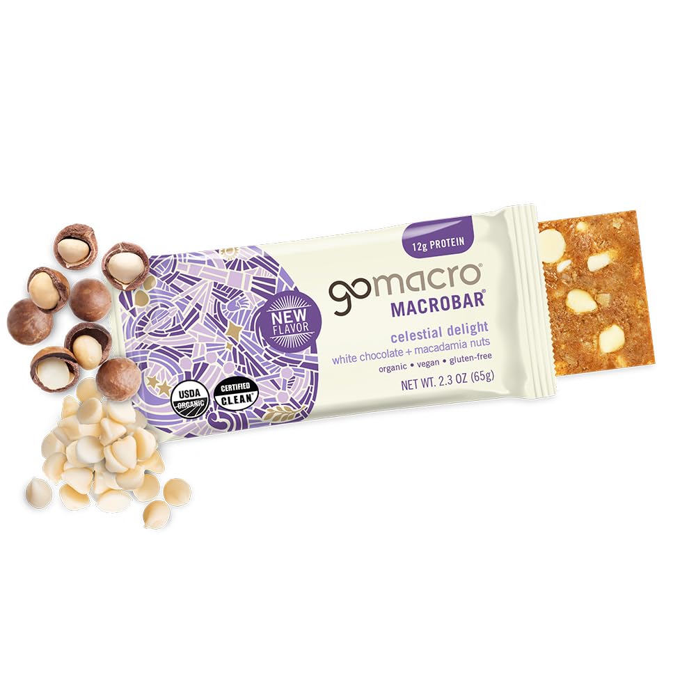 GoMacro MacroBar White Chocolate Macadamia Nuts packaging highlights organic vegan ingredients