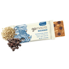 GoMacro Oatmeal Chocolate Chip MacroBar being opened, vanilla and fair-trade chips shown.
