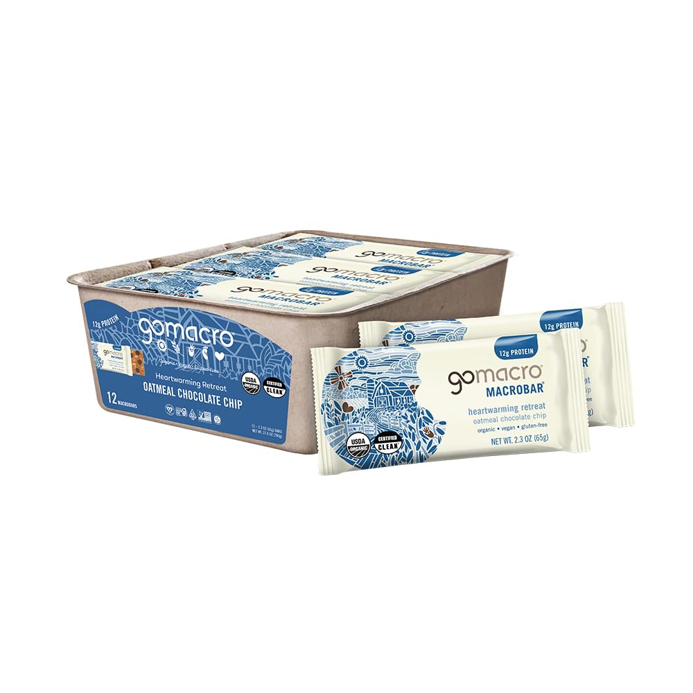 GoMacro Oatmeal Chocolate Chip MacroBar package front, a convenient protein snack.