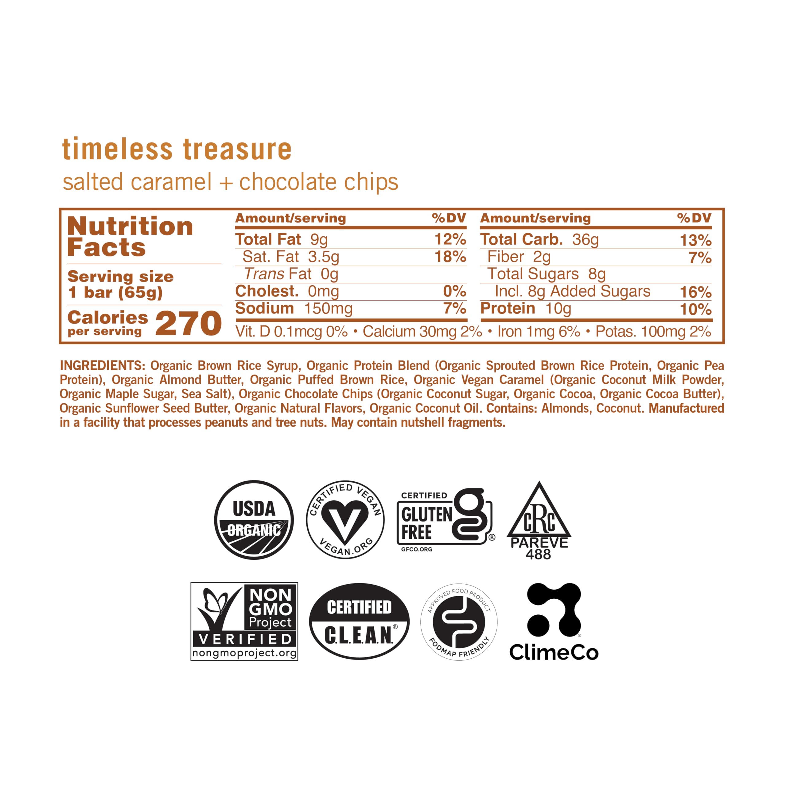 GoMacro Salted Caramel Chocolate Chips Bar ingredients close up highlights organic vegan protein sources