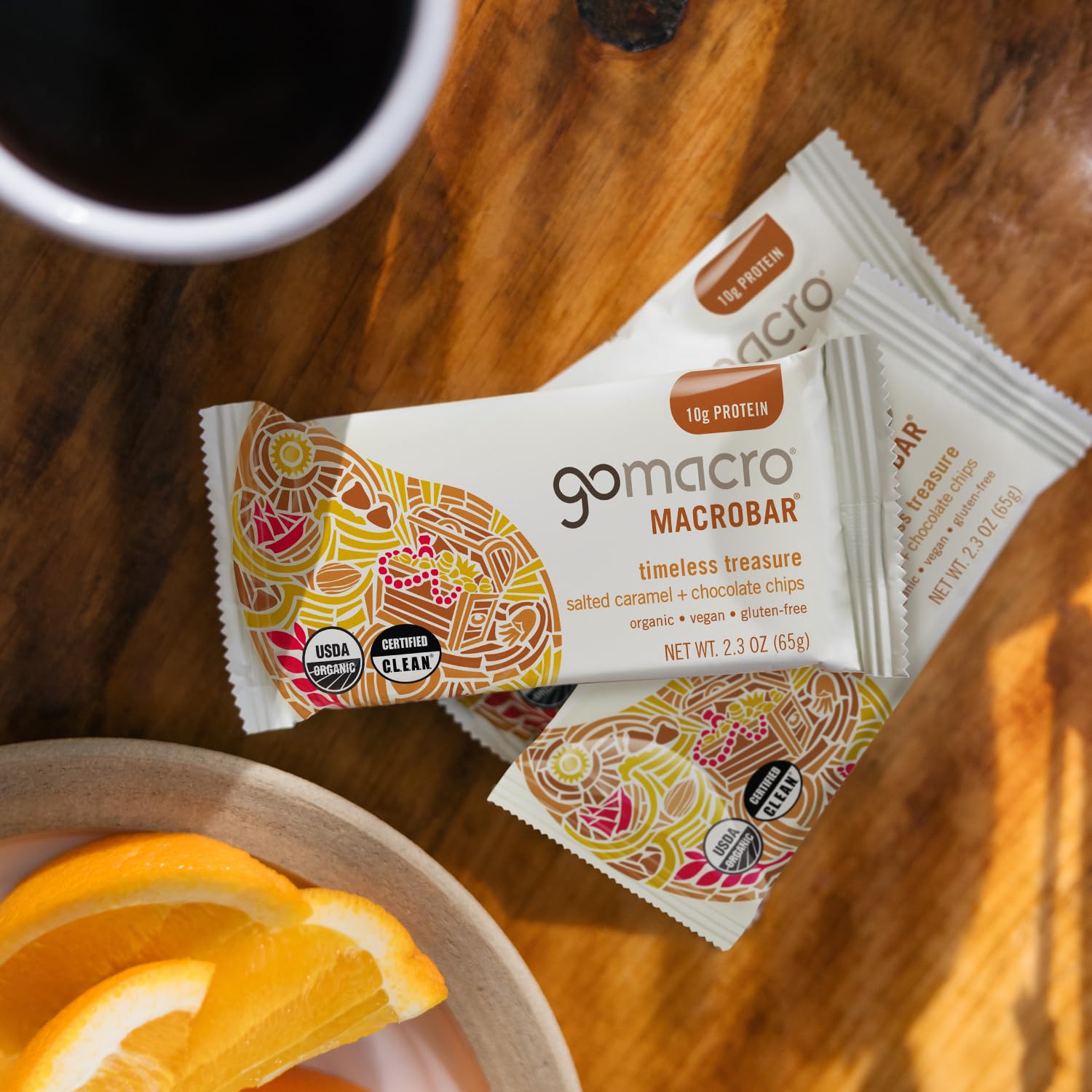 GoMacro Salted Caramel Chocolate Chips Bar texture close up conveys soft chewy satisfaction