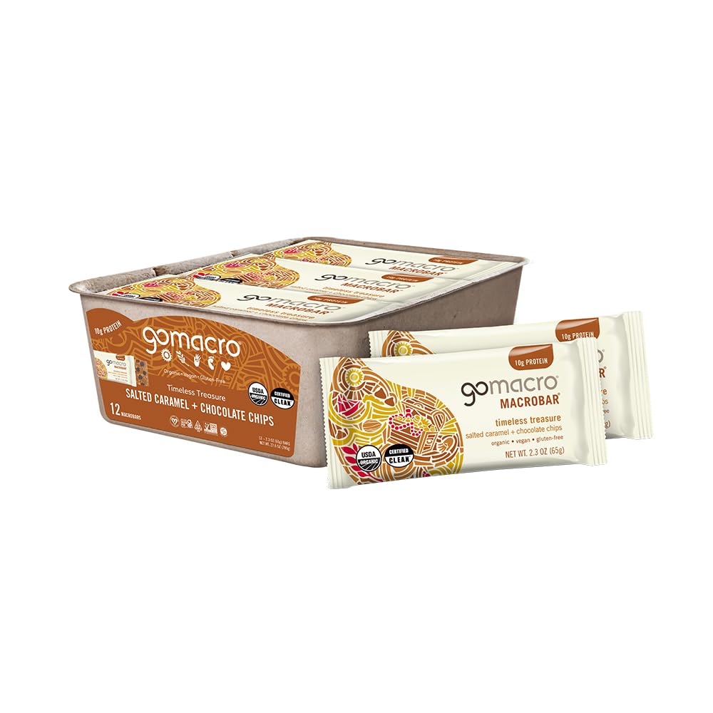 GoMacro Salted Caramel Chocolate Chips bar tray shows a convenient on the go protein snack
