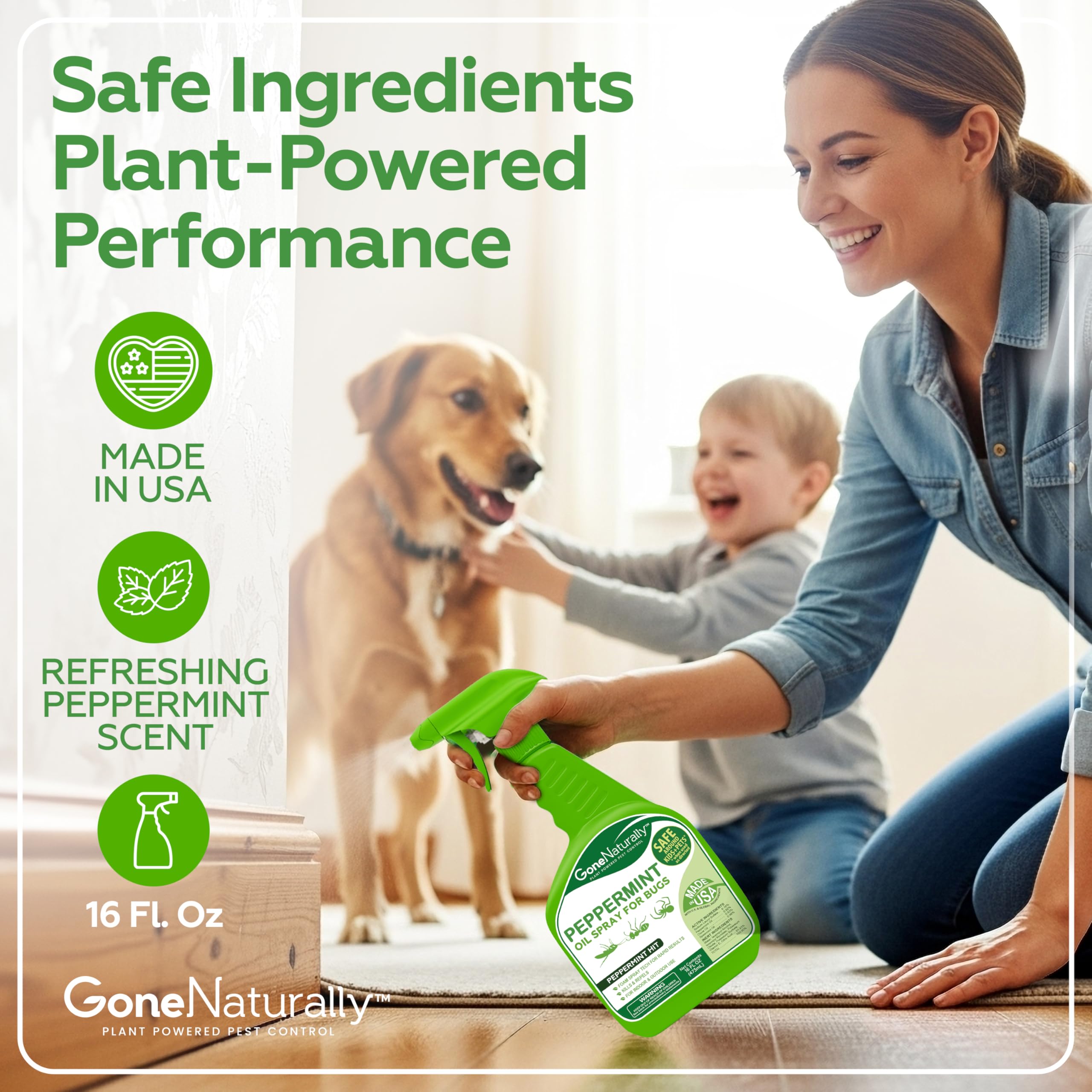 GoneNaturally Peppermint Oil Spray baseboards applies to baseboards and repels crawling pests.