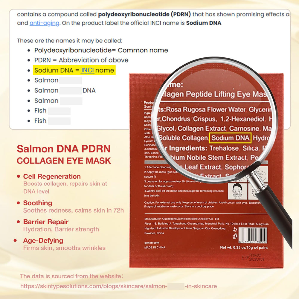 GONIM salmon-dna eye patch highlighting cellular support and moisture.