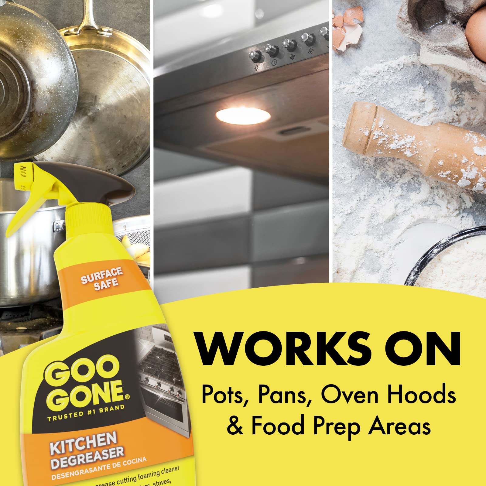 Goo Gone Degreaser foam clings to surfaces for easy cleaning