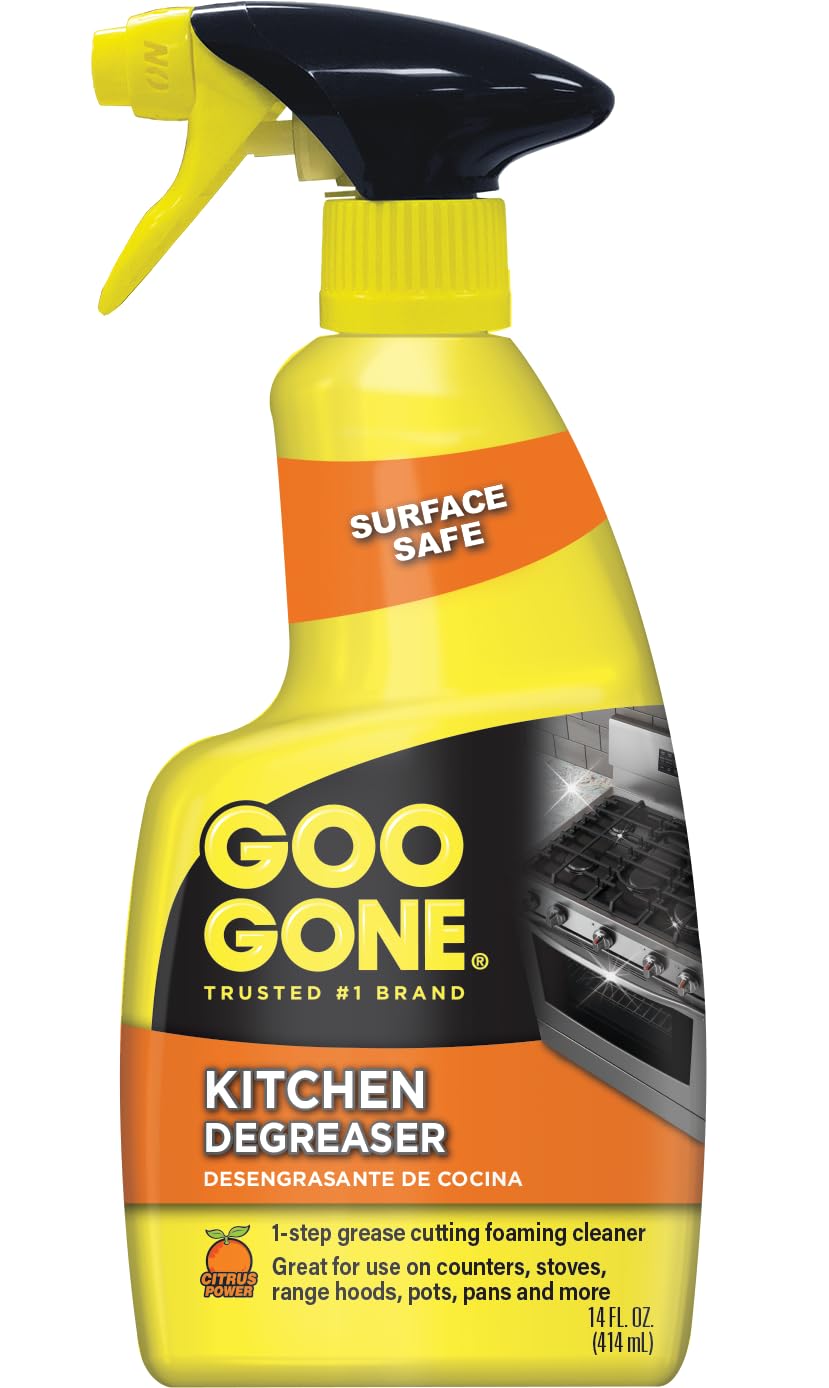 Goo Gone Degreaser on the kitchen counter removes grease quickly