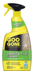 Goo Gone Grout Cleaner bottle pour demonstrates simple stain removal on grout lines.