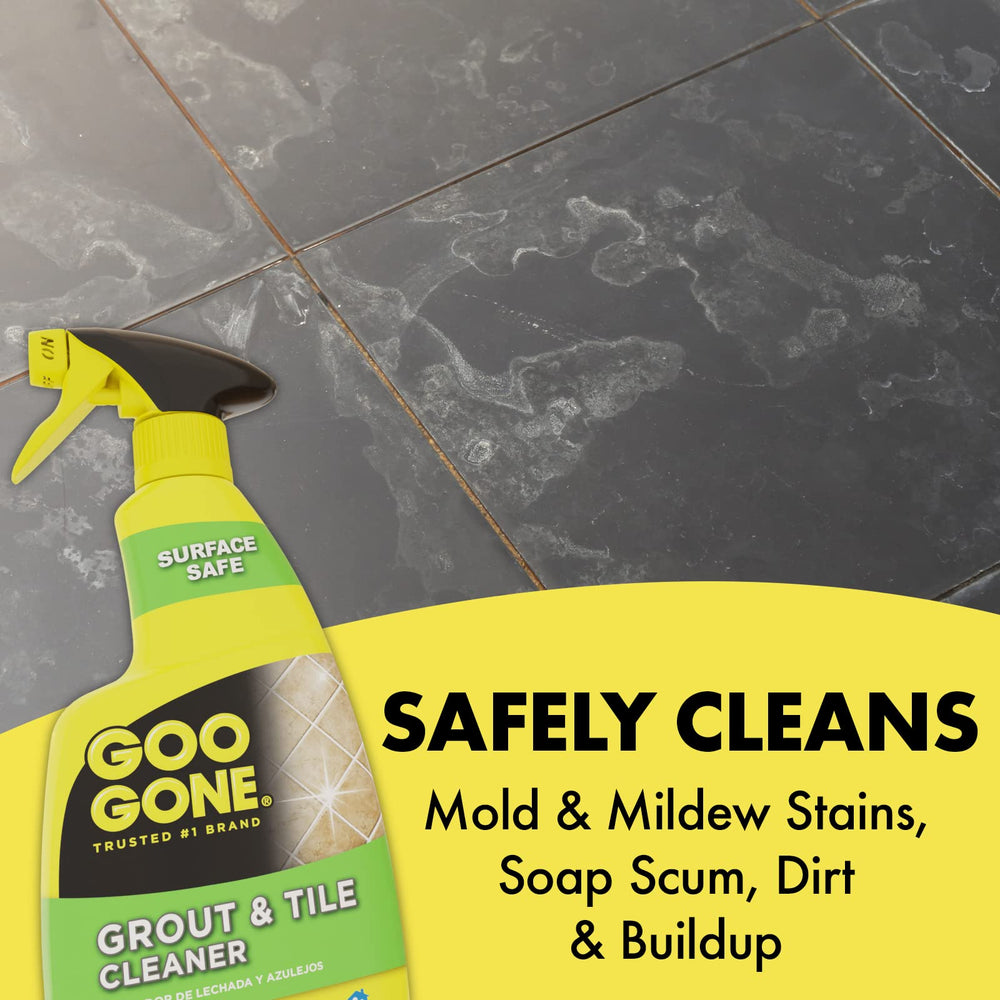 Goo Gone Grout Cleaner brush scrub captures grout detail for deep cleaning.