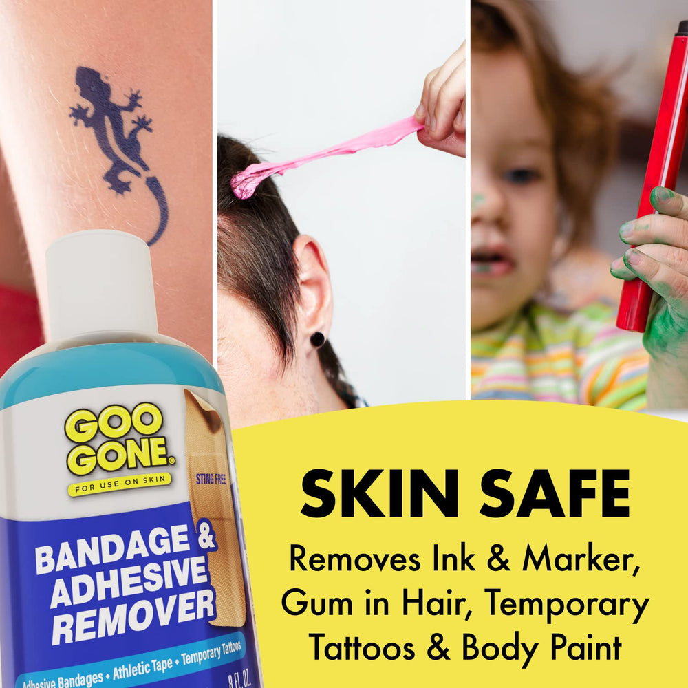Goo Gone Skin Adhesive Remover near skin emphasizes sensitive-skin friendly use