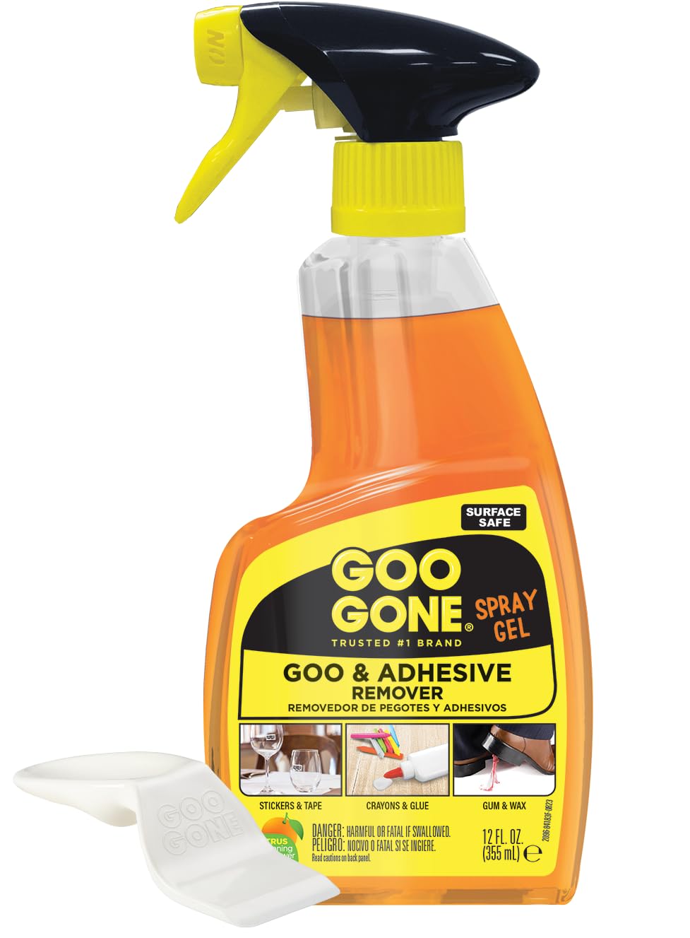 Goo Gone Spray Adhesive Remover Gel bottle pouring for sticky residue removal on surfaces.
