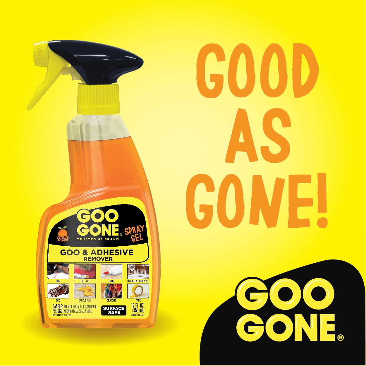 Goo Gone removes kitchen grease from a countertop area.