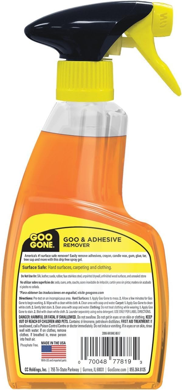 Goo Gone sticker residue removal on wall shows clean edges and easy wipe-away action.