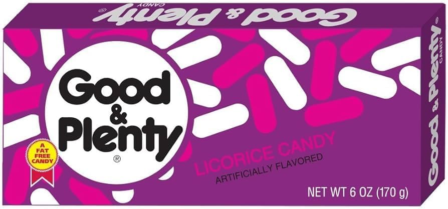Good & Plenty licorice candies with pink and white shell packaging