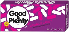 Good & Plenty licorice candies with pink and white shell packaging