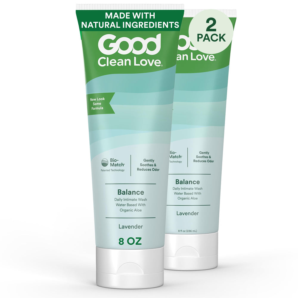 Good Clean Love Balance bottle pour demonstrates easy daily cleansing and pH balance.