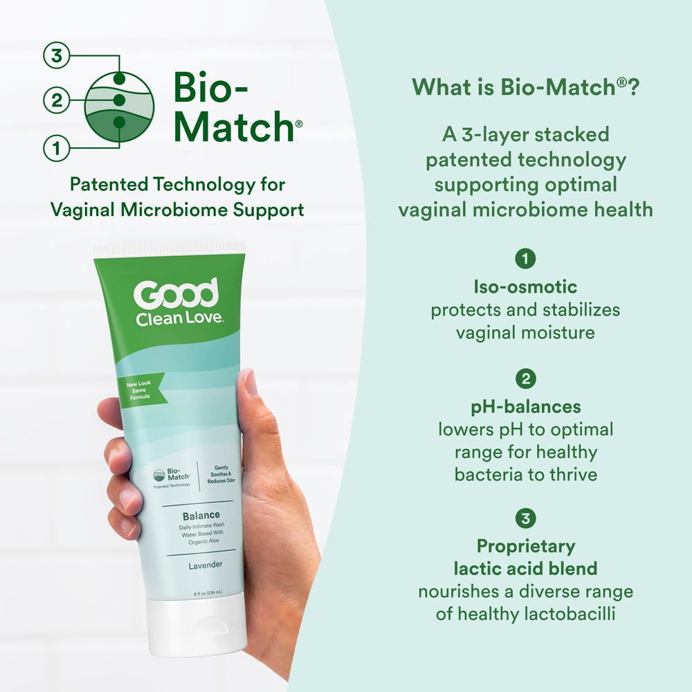 Good Clean Love Balance label close-up reveals Aloe vera and Lavender botanicals.
