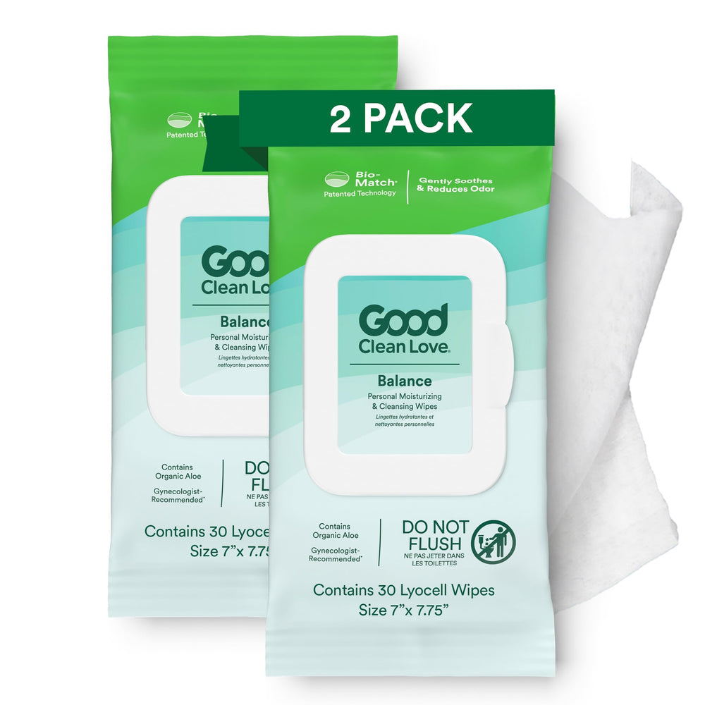 Good Clean Love Balance Wipes packaging shown for portable intimate hygiene