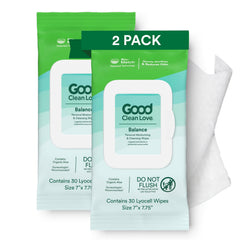 Good Clean Love Balance Wipes packaging shown for portable intimate hygiene